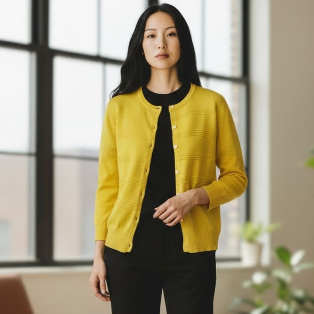 Cable & Gauge Mustard Yellow Knit Button Cardigan Sweater Textured Small S